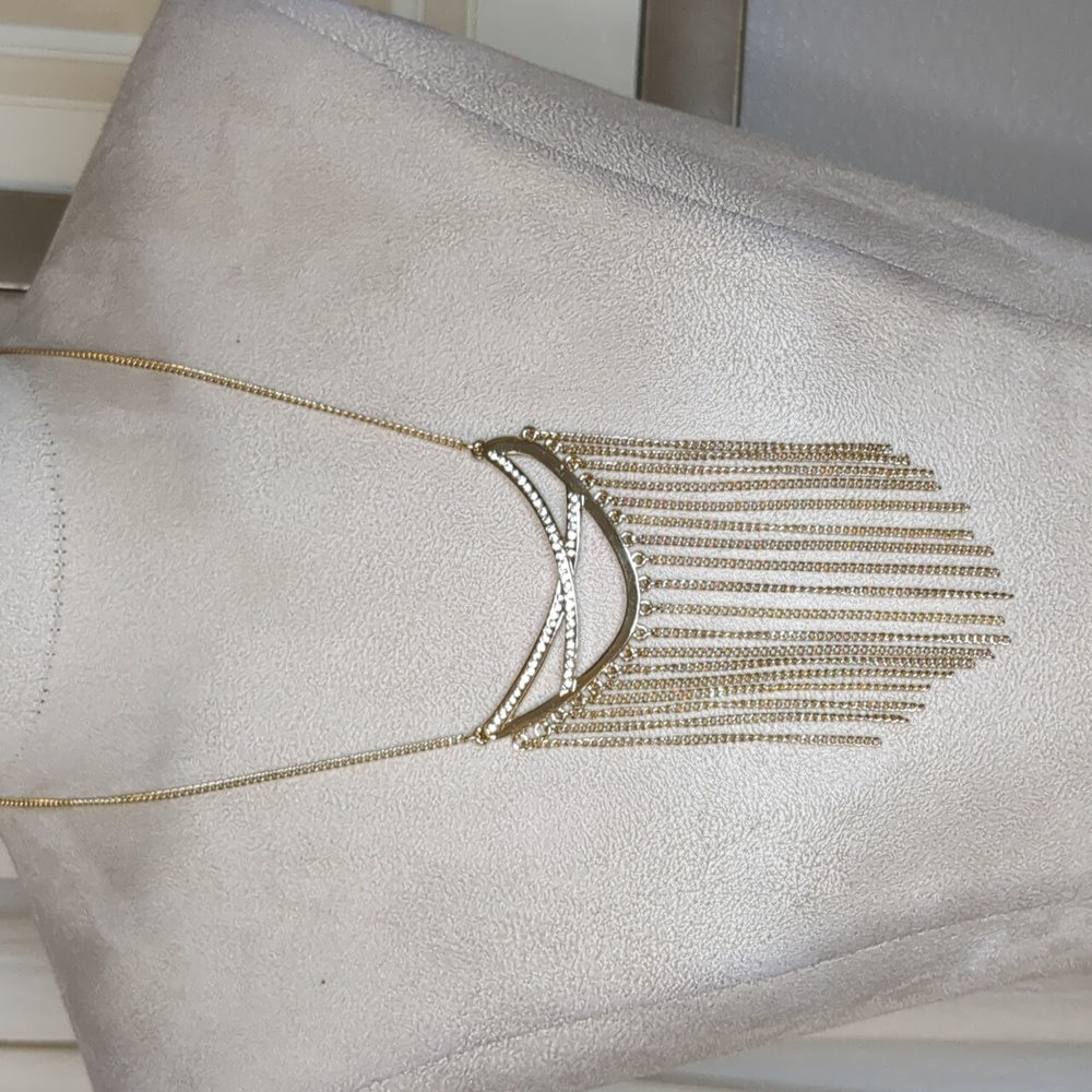 3/$15 JLo Long Fringe Tassel Necklace Crystal Rhinestones Gold Tone Waterfall